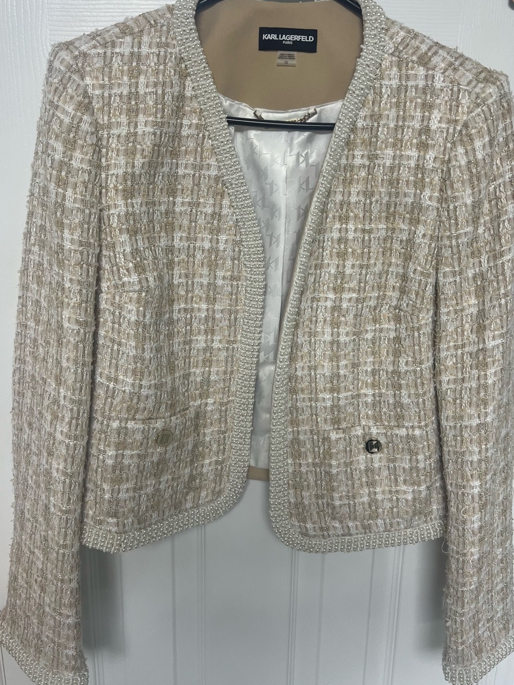 Karl Lagerfeld Beige and Cream Tweed Pearl-Trim Blazer